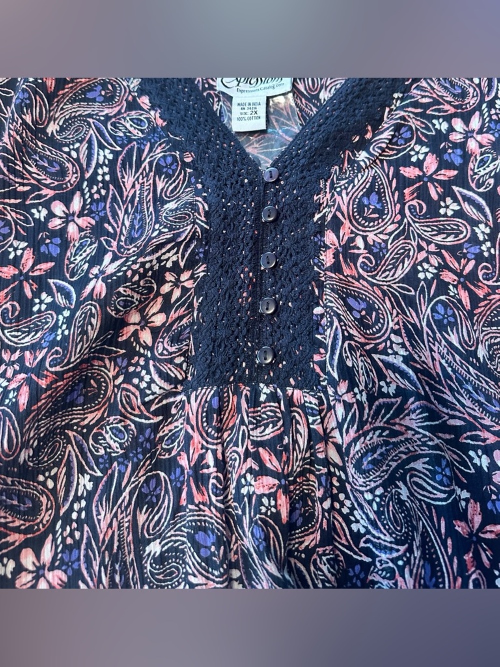 Expressions Catalog Paisley Boho Dress 2X NWOT 100% Cotton Lace Trim Midi/maxi - Picture 9 of 12